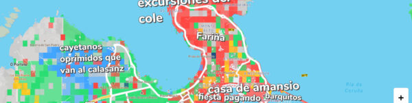 Captura de pantalla de la web donde se puede observar la ciudad de A Coruña con etiquetas tales como: -Peces y excursiones del cole -Fariña -Cayetanos oprimidos -Cassa de Amancio (Ortega) -Fiesta pagando -Barquitos Y aunque no se ve, también hay: -Cruising con vacas al lado -Botellón -Se creen que viven en Coruña