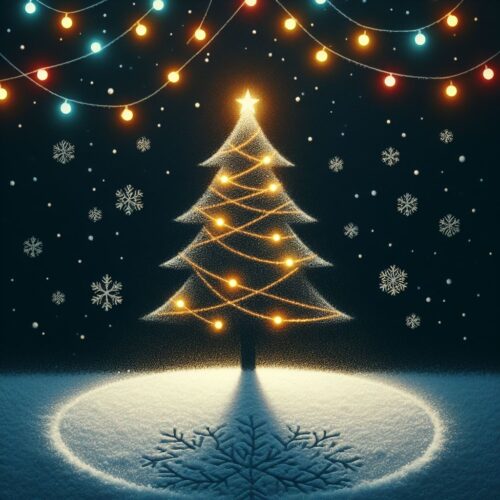 Clásica imagen navideña donde se puede ver un árbol de Navidad decorado para la ocasión.
La sombra del árbol se proyecta sobre un copo de nieve dibujado en un suelo nevado.
El fondo es negro con copos de nieve blancos y luces de colores.
Esta imagen se generó con la Inteligencia Artificial de Bing, su pompt fue:
"postal con un arbol de navidad minimalista dibujado. Fondo nevado nocturno con luces de colores"