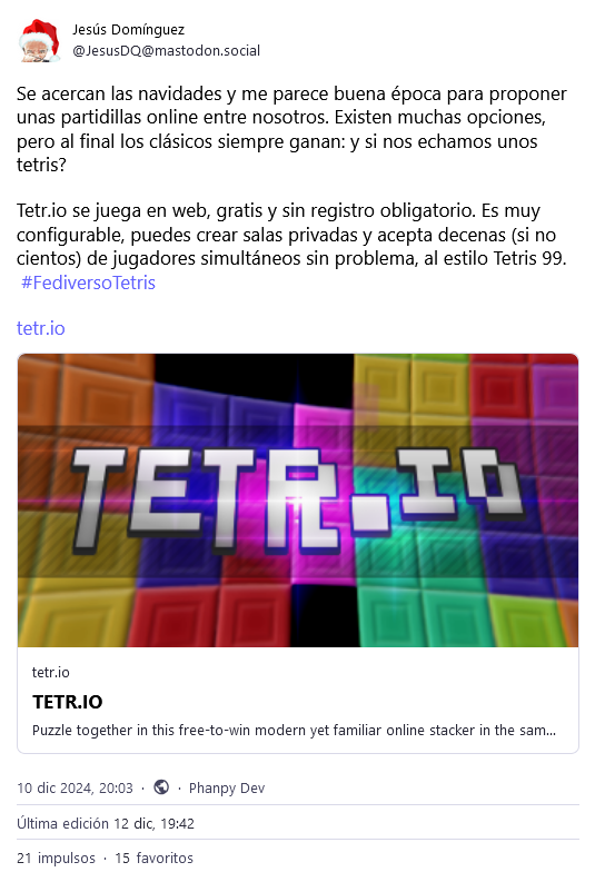 Mensaje en Mastodon donde sugiero jugar al Tetris